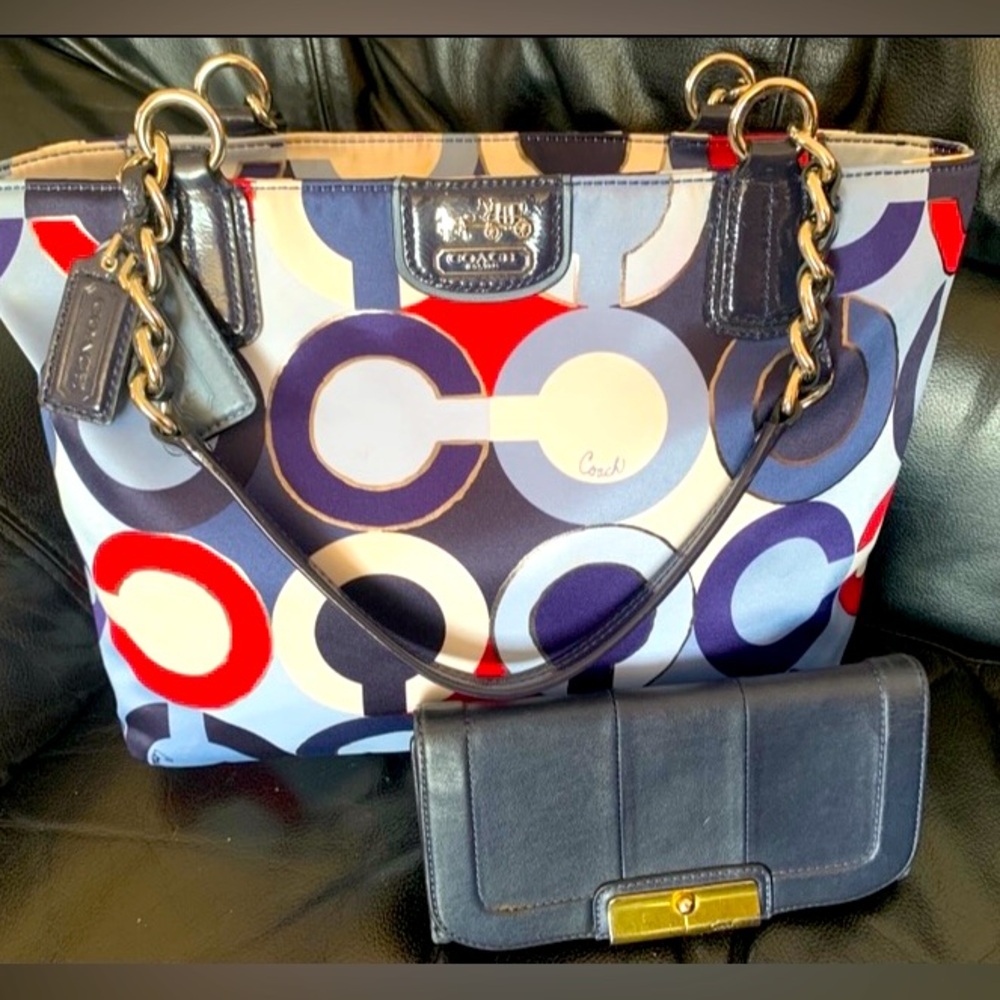Blue and black sateen coach bag wallet combo
